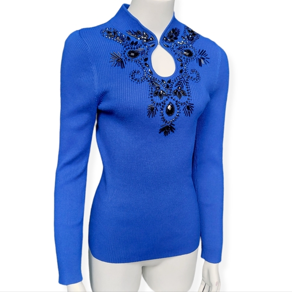 $10 Vintage Once Again Beaded Ribbed Sweater Top - size S - Royal Blue/Black
